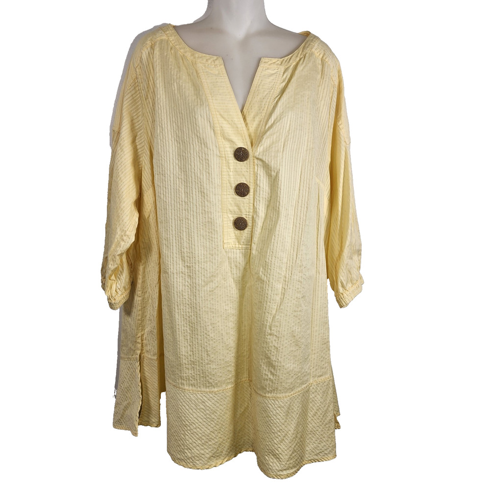 Soft Surroundings Henley Tunic Top Yellow Striped Seersucker Cotton V Neck 2X